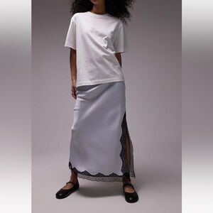 Topshop lace trim satin bias midi skirt in blue